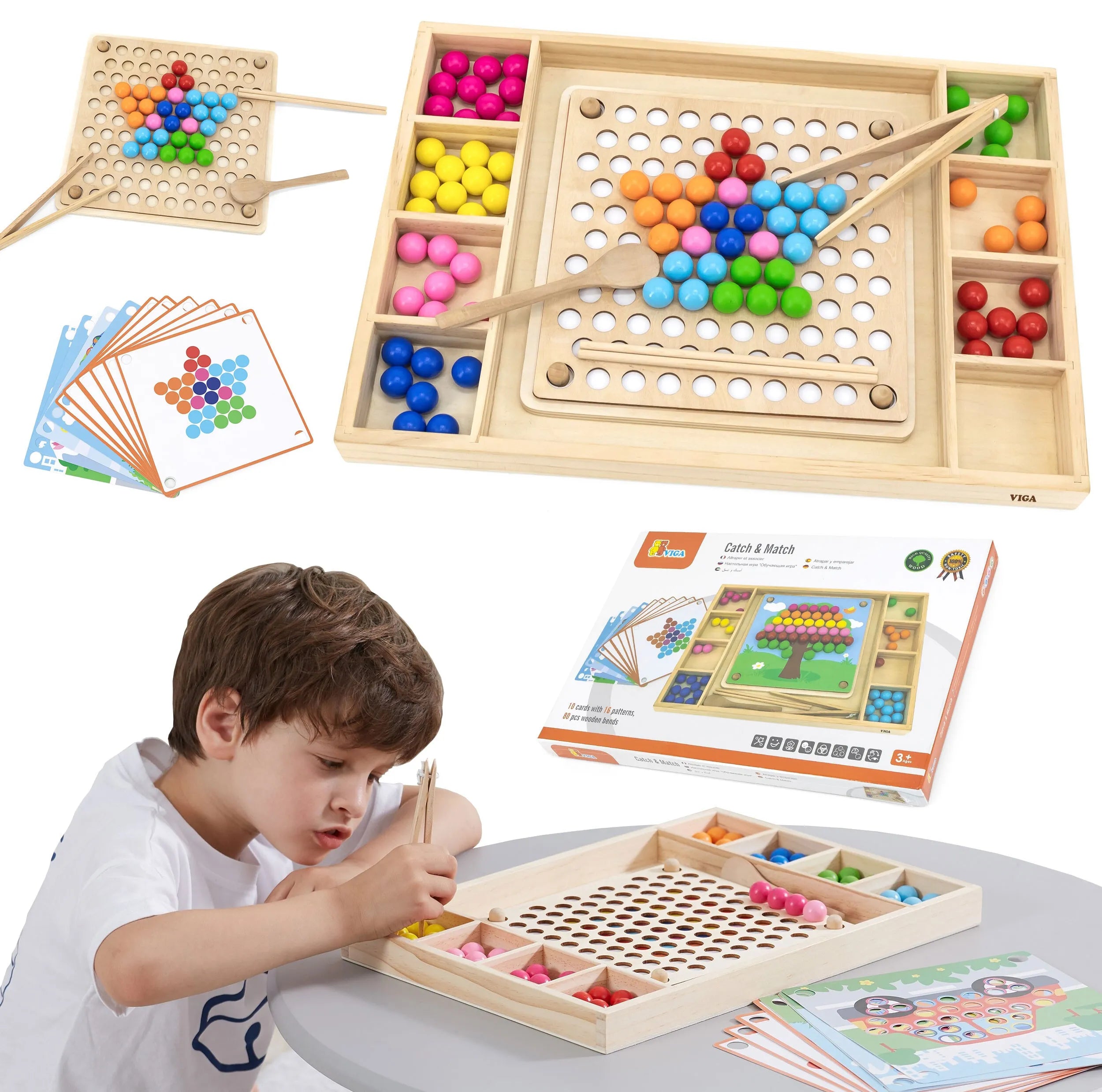 Viga medinė Montessori dėlionė „Gaudyk ir dėliok kamuoliukus“